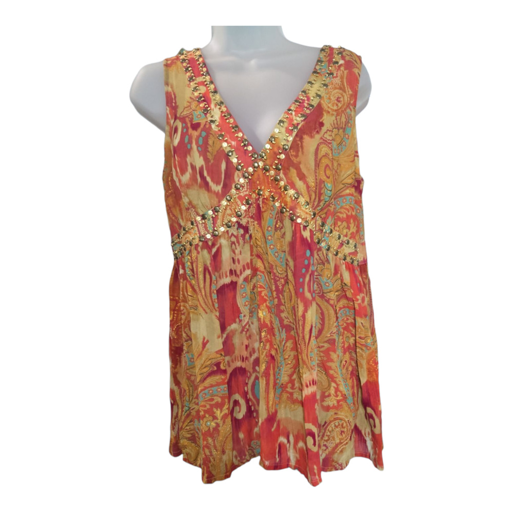 Telluride Clothing Co Wom Sz 12 Sleeveless Blouse Embellished Babydoll Southwest